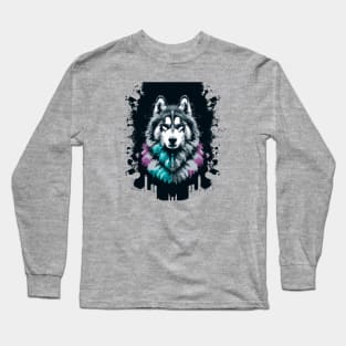 Malamute Watercolor Stencil Artwork Long Sleeve T-Shirt